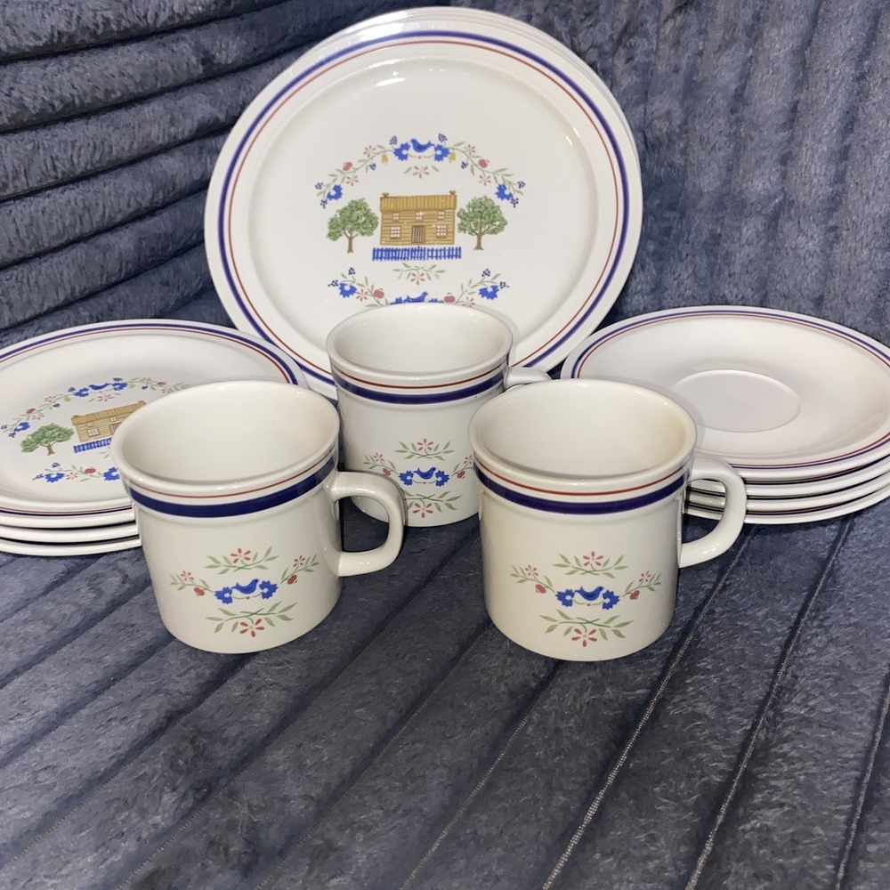 14 pc Vintage Newcor Stoneware "Homespun" Dinnerware Set great condition